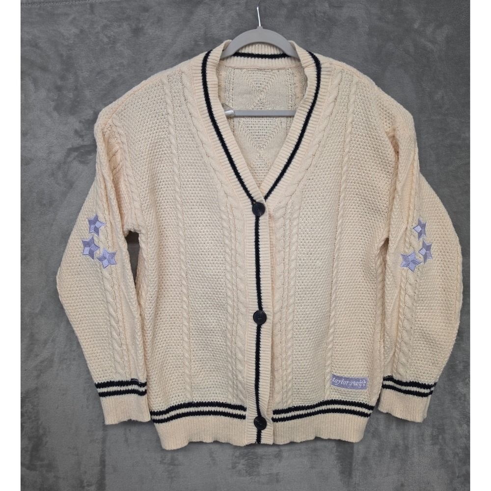 Taylor Swift Folklore Cardigan Cream Cable Knit Star Patch Sweater Lavender Star
